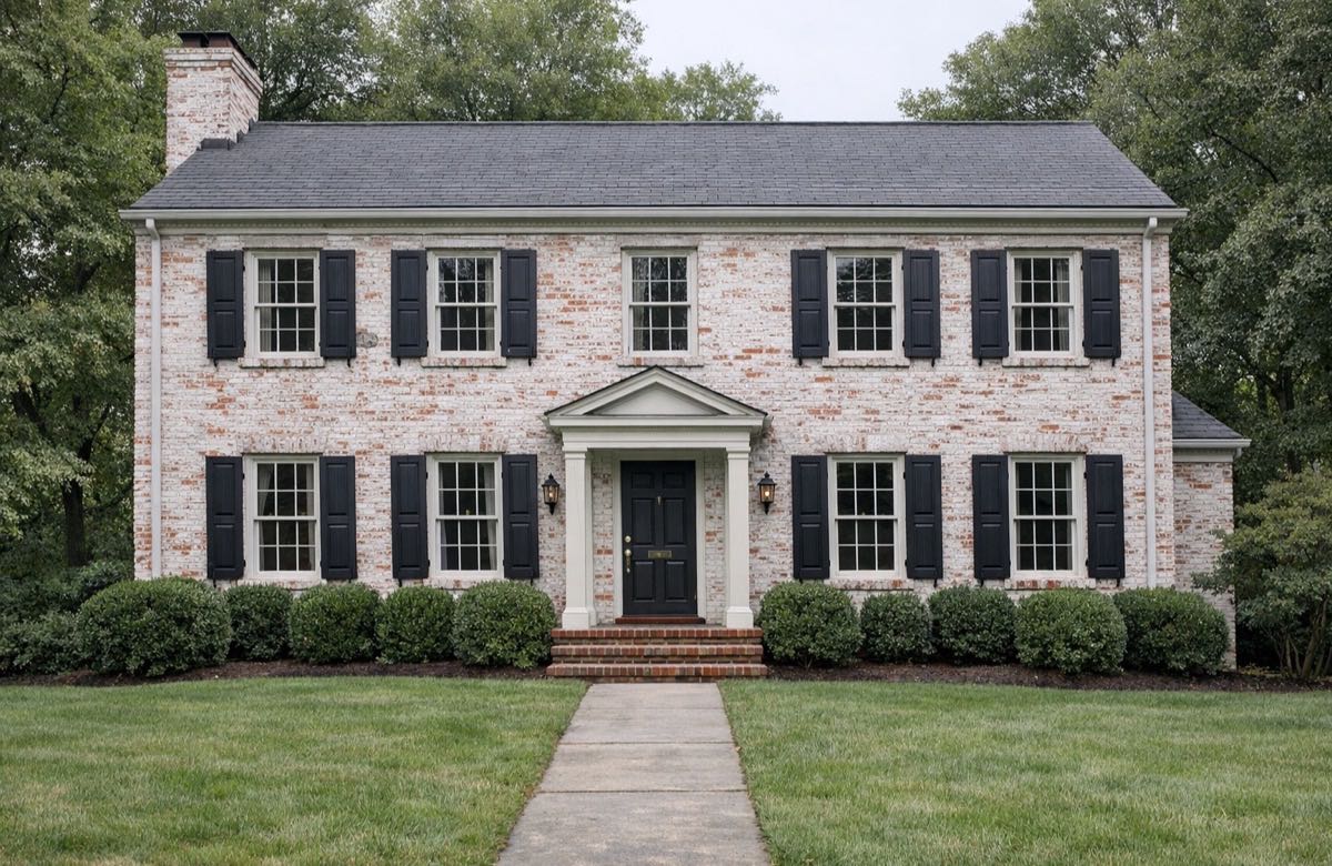Colonial brick home exterior with a white lime wash finish, red brick subtly showing through